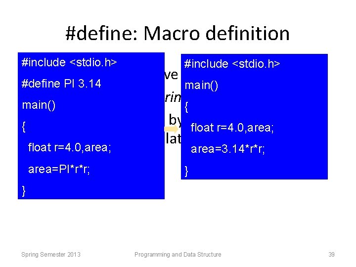 #define: Macro definition #include <stdio. h> • Preprocessor directive in the following form #define