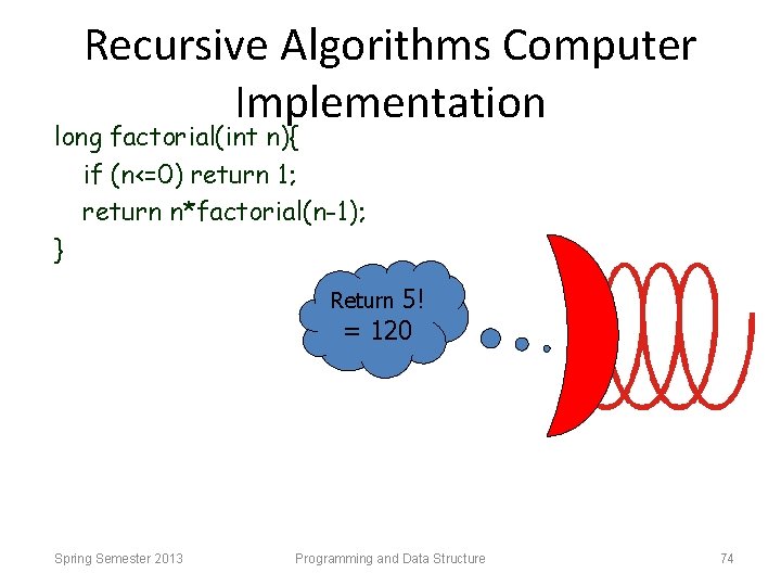 Recursive Algorithms Computer Implementation long factorial(int n){ if (n<=0) return 1; return n*factorial(n-1); }