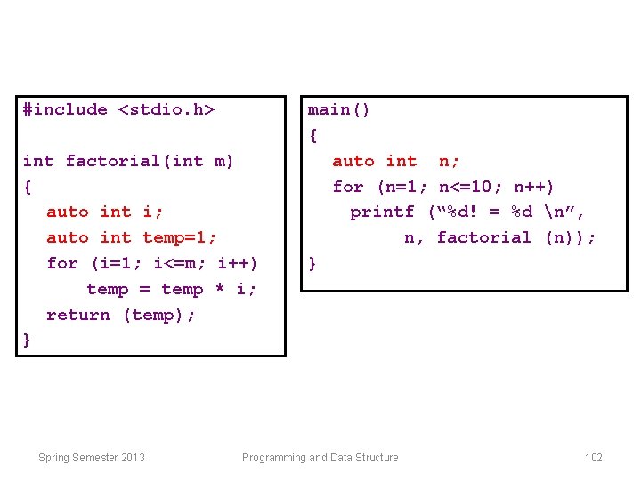 #include <stdio. h> int factorial(int m) { auto int i; auto int temp=1; for