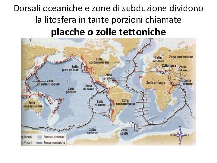 Dorsali oceaniche e zone di subduzione dividono la litosfera in tante porzioni chiamate placche