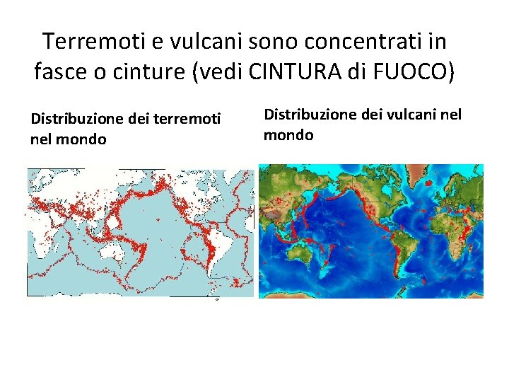 Terremoti e vulcani sono concentrati in fasce o cinture (vedi CINTURA di FUOCO) Distribuzione