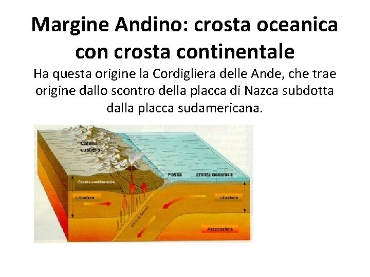 Margine Andino: crosta oceanica con crosta continentale Ha questa origine la Cordigliera delle Ande,