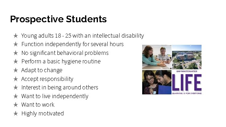 Prospective Students ★ Young adults 18 - 25 with an intellectual disability ★ Function Prospective Students ★ Young adults 18 - 25 with an intellectual disability ★ Function