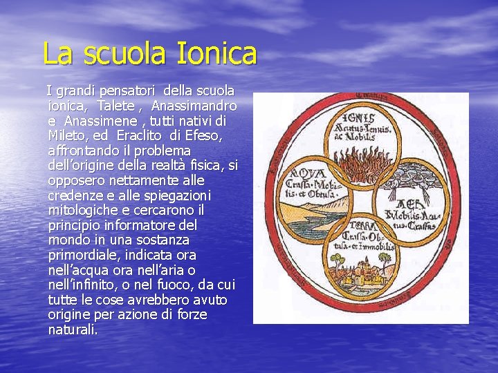 La scuola Ionica I grandi pensatori della scuola ionica, Talete , Anassimandro e Anassimene