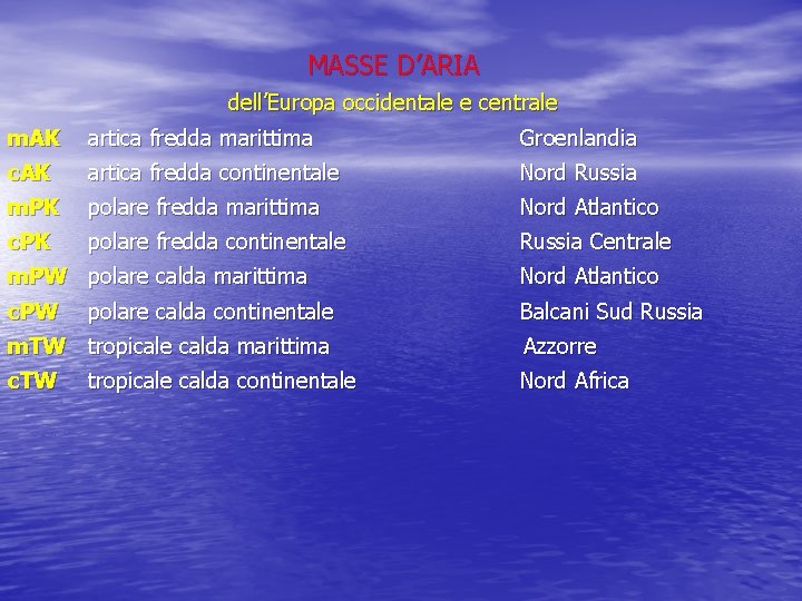 MASSE D’ARIA dell’Europa occidentale e centrale m. AK artica fredda marittima Groenlandia c. AK