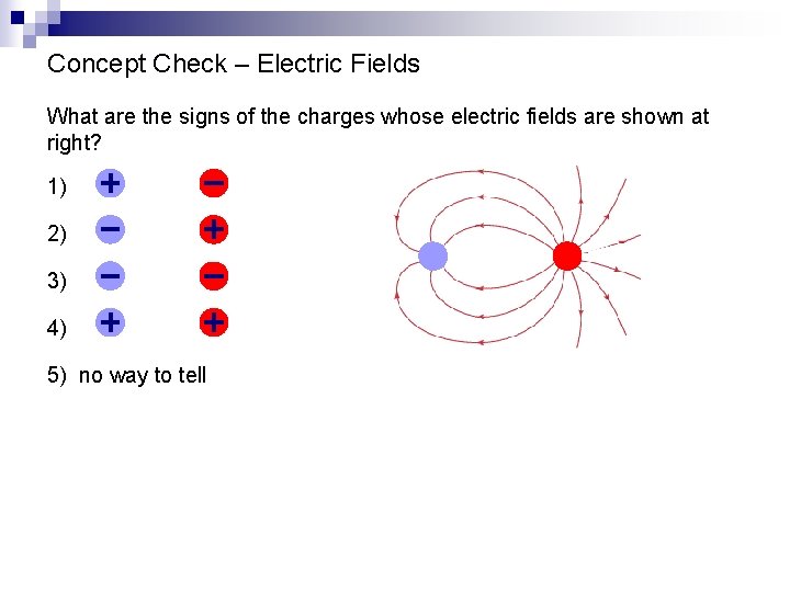 Concept Check – Electric Fields What are the signs of the charges whose electric