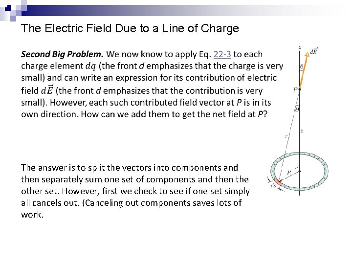 The Electric Field Due to a Line of Charge The answer is to split