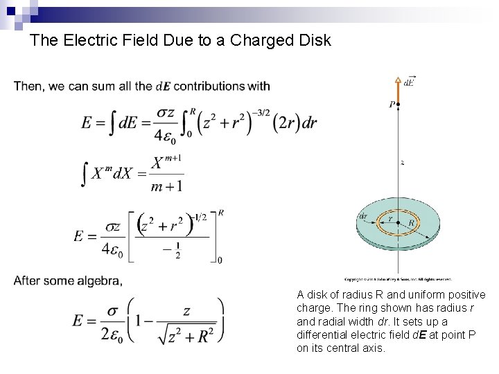 The Electric Field Due to a Charged Disk A disk of radius R and