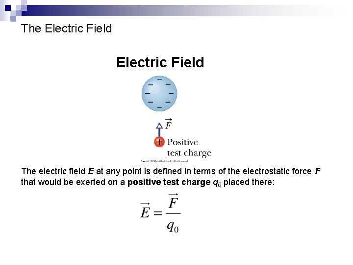 The Electric Field The electric field E at any point is defined in terms