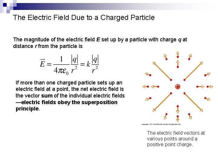 The Electric Field Due to a Charged Particle The magnitude of the electric field