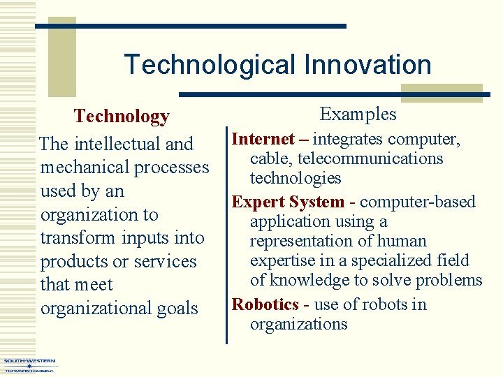 Technological Innovation Technology The intellectual and mechanical processes used by an organization to transform