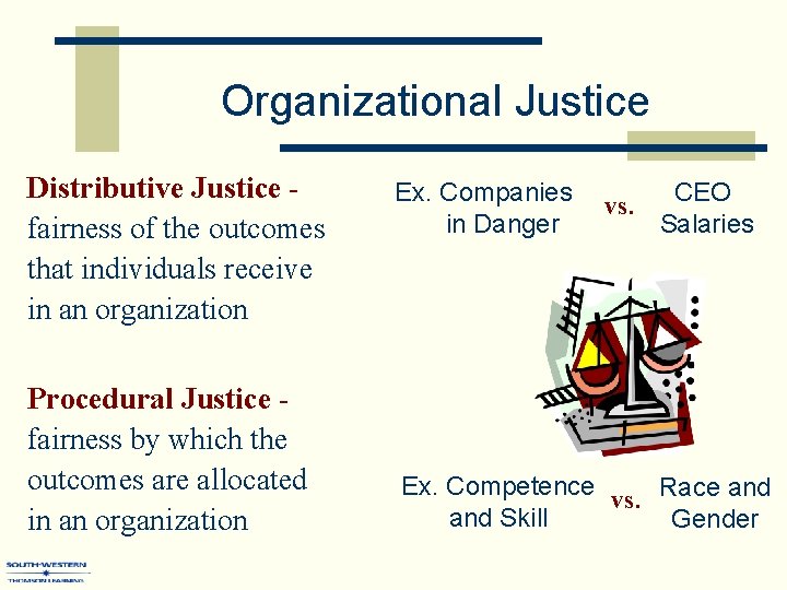 Organizational Justice Distributive Justice fairness of the outcomes that individuals receive in an organization