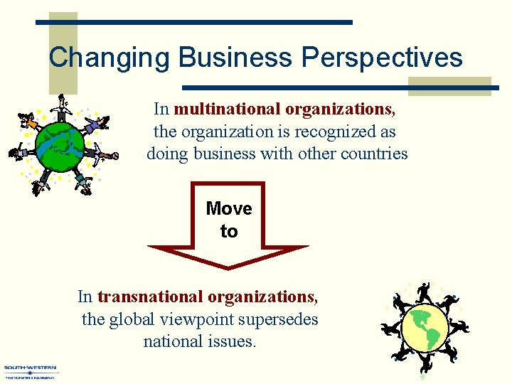 Changing Business Perspectives In multinational organizations, the organization is recognized as doing business with