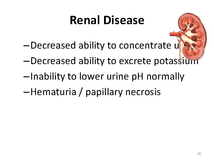 Renal Disease – Decreased ability to concentrate urine – Decreased ability to excrete potassium