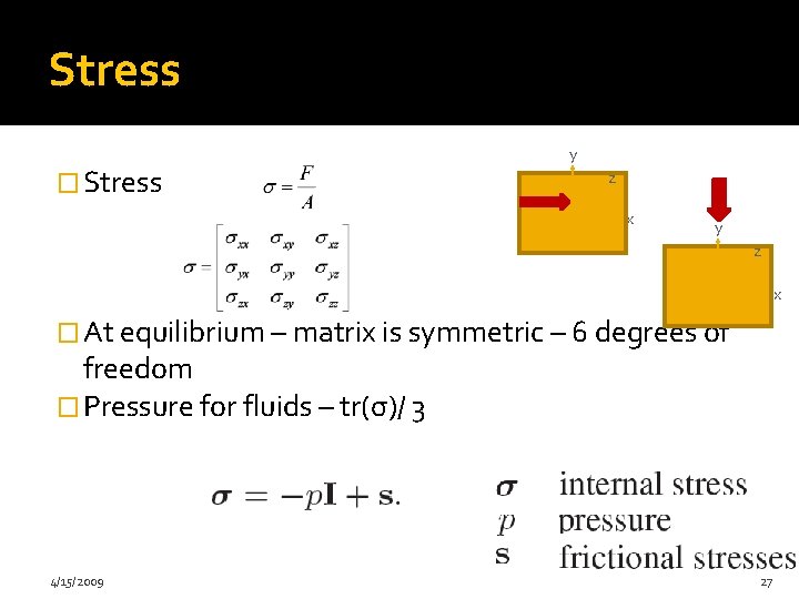 Stress � Stress y z x � At equilibrium – matrix is symmetric –