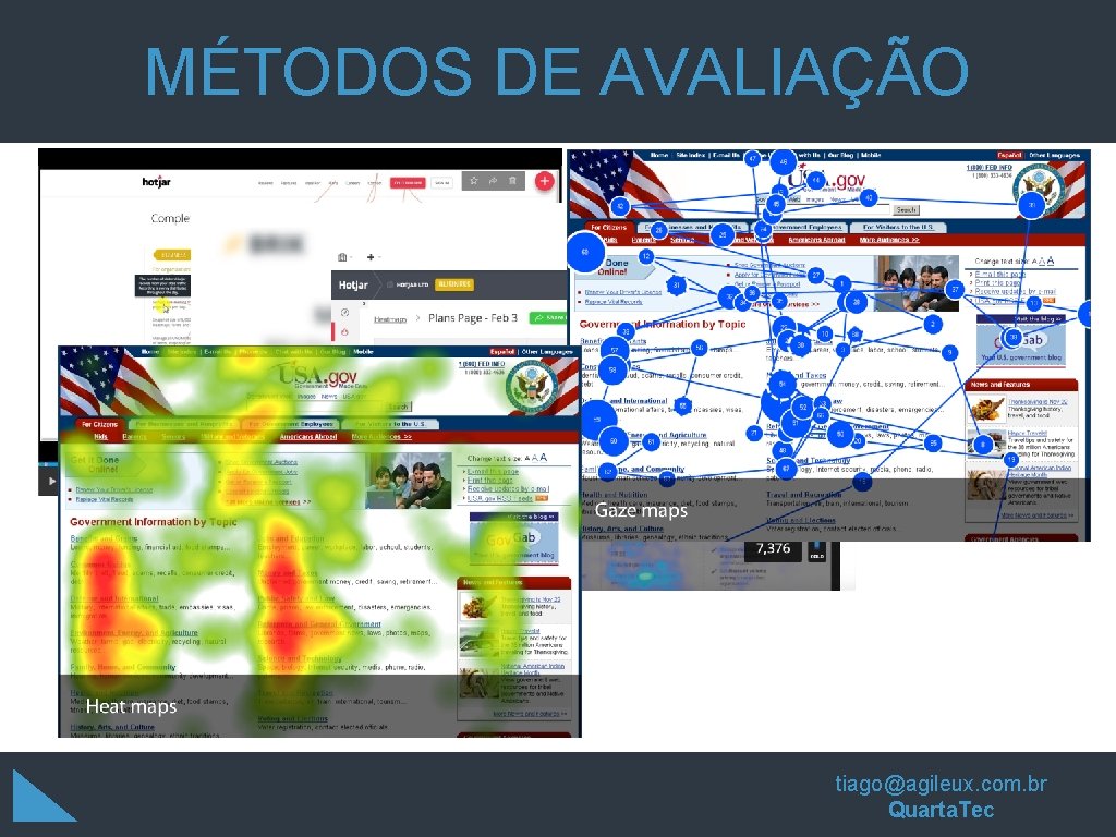 MÉTODOS DE AVALIAÇÃO QUESTIONÁRIOS, ENTREVISTAS, FOCUS GROUP HEURÍSTICA, GUIDELINE REVIEW, WALKTHROUGH tiago@agileux. com. br MÉTODOS DE AVALIAÇÃO QUESTIONÁRIOS, ENTREVISTAS, FOCUS GROUP HEURÍSTICA, GUIDELINE REVIEW, WALKTHROUGH tiago@agileux. com. br