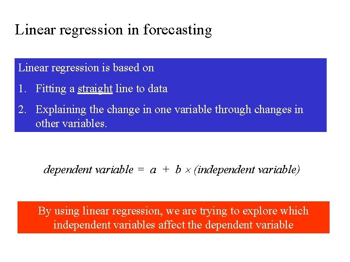 Linear regression in forecasting Linear regression is based on 1. Fitting a straight line
