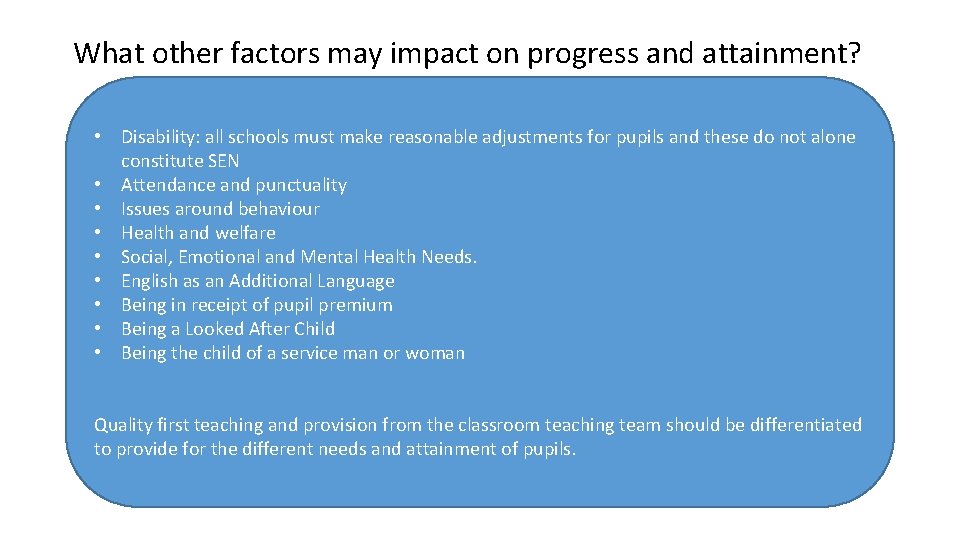 What other factors may impact on progress and attainment? • Disability: all schools must