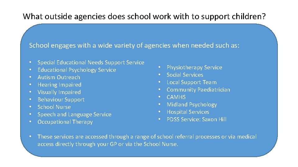 What outside agencies does school work with to support children? School engages with a