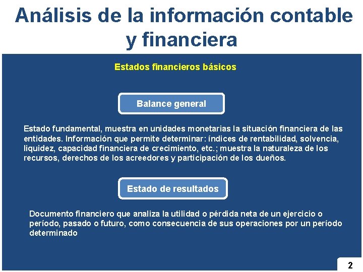  Análisis de la información contable y financiera Estados financieros básicos Balance general Estado