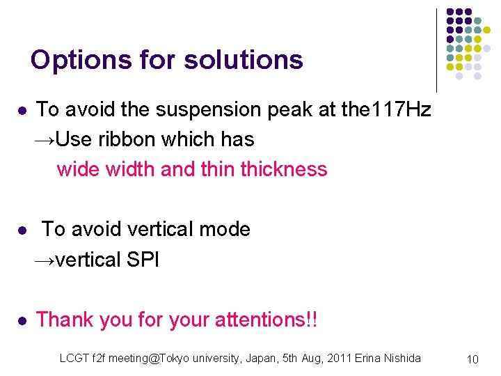 Options for solutions l To avoid the suspension peak at the 117 Hz →Use Options for solutions l To avoid the suspension peak at the 117 Hz →Use