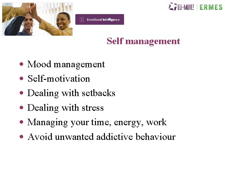 Self management • • • Mood management Self-motivation Dealing with setbacks Dealing with stress