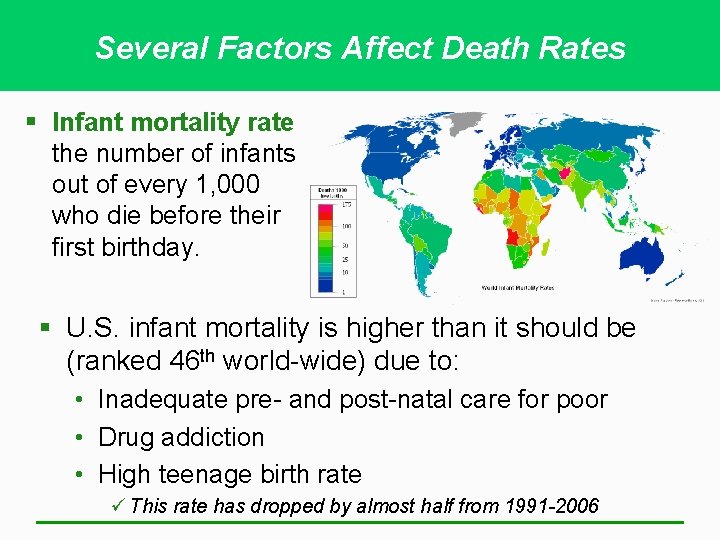 Several Factors Affect Death Rates § Infant mortality rate the number of infants out