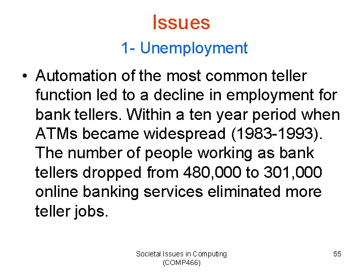 Issues 1 - Unemployment • Automation of the most common teller function led to