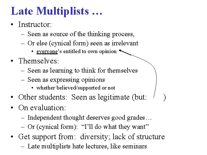 Late Multiplists … • Instructor: – Seen as source of the thinking process, –
