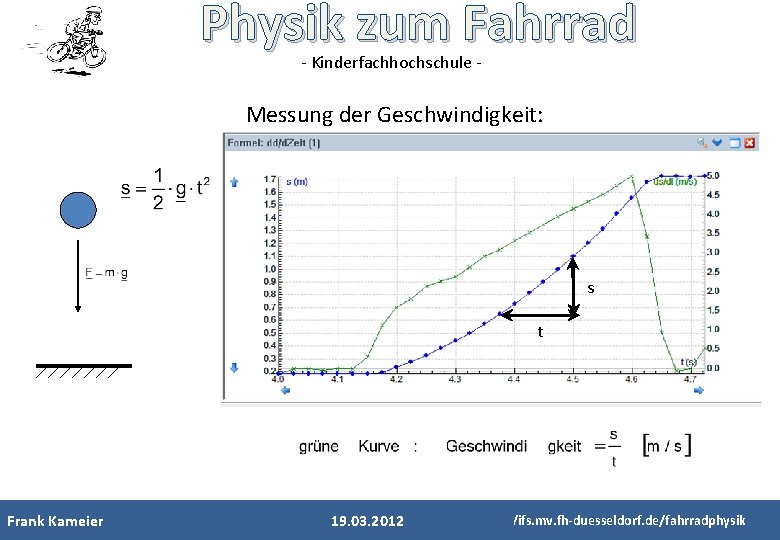 Physik zum Fahrrad - Kinderfachhochschule - Messung der Geschwindigkeit: s t Frank Kameier 19.