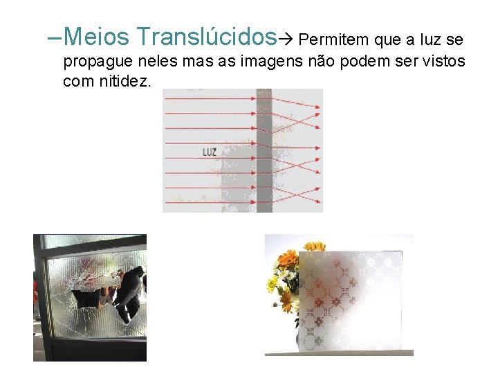 – Meios Translúcidos Permitem que a luz se propague neles mas as imagens não – Meios Translúcidos Permitem que a luz se propague neles mas as imagens não