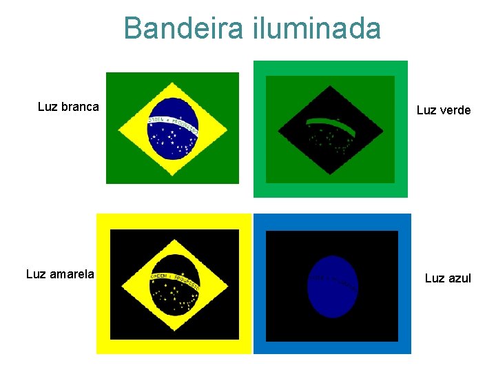 Bandeira iluminada Luz branca Luz amarela Luz verde Luz azul Bandeira iluminada Luz branca Luz amarela Luz verde Luz azul