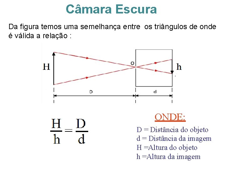 Câmara Escura Da figura temos uma semelhança entre os triângulos de onde é válida Câmara Escura Da figura temos uma semelhança entre os triângulos de onde é válida