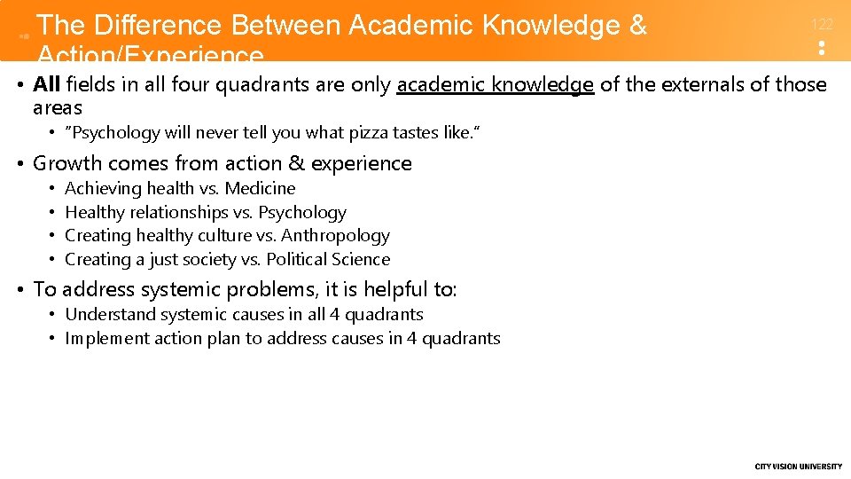 The Difference Between Academic Knowledge & Action/Experience 122 • All fields in all four