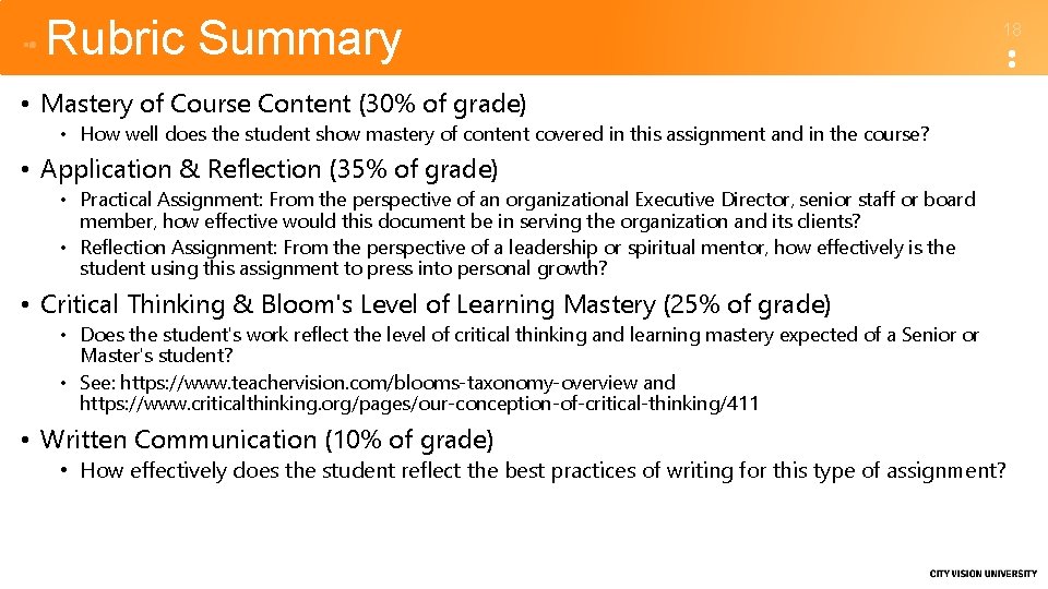 Rubric Summary 18 • Mastery of Course Content (30% of grade) • How well