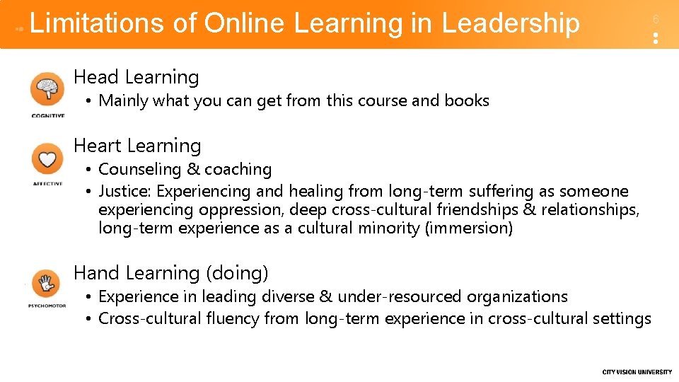 Limitations of Online Learning in Leadership • Head Learning • Mainly what you can