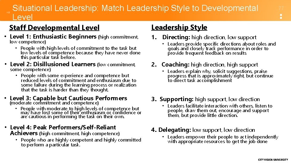 Situational Leadership: Match Leadership Style to Developmental Level Staff Developmental Level • Level 1: