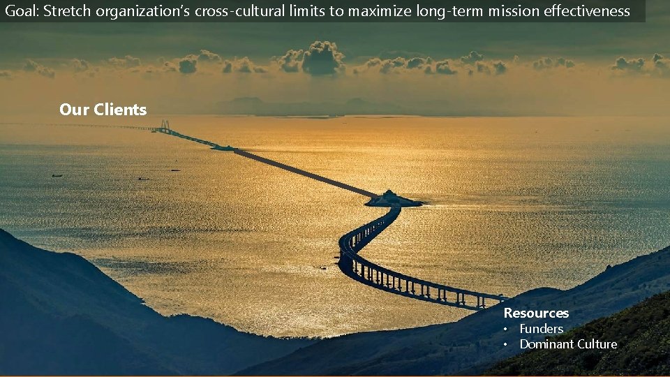 Goal: Stretch organization’s cross-cultural limits to maximize long-term mission effectiveness Our Clients Resources •