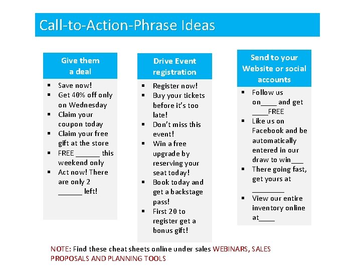 Call-to-Action-Phrase Ideas Give them a deal Drive Event registration § Save now! § Get