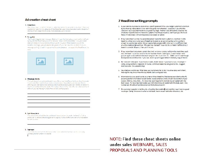 NOTE: Find these cheat sheets online under sales WEBINARS, SALES PROPOSALS AND PLANNING TOOLS