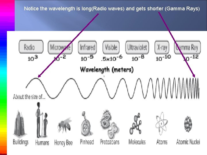 Notice the wavelength is long(Radio waves) and gets shorter (Gamma Rays) 