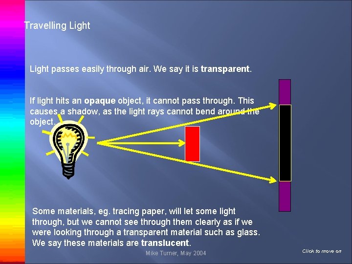 Travelling Light passes easily through air. We say it is transparent. If light hits