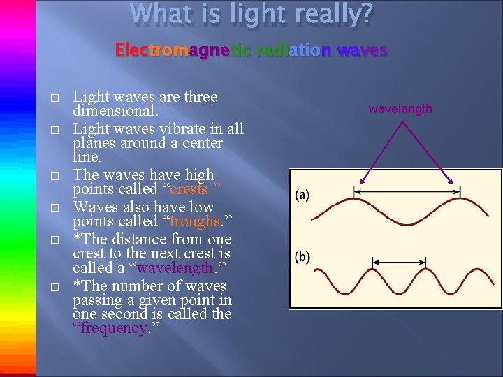 What is light really? Electromagnetic radiation waves Light waves are three dimensional. Light waves