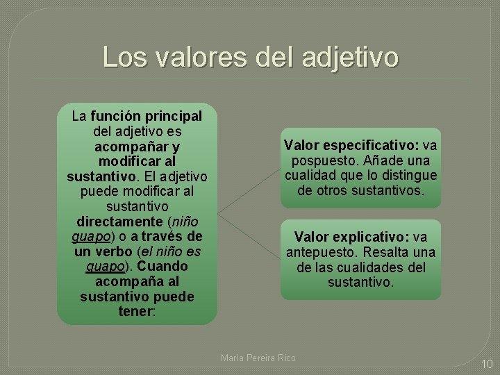 Los valores del adjetivo La función principal del adjetivo es acompañar y modificar al Los valores del adjetivo La función principal del adjetivo es acompañar y modificar al