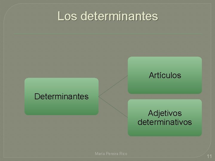 Los determinantes Artículos Determinantes Adjetivos determinativos María Pereira Rico 11 