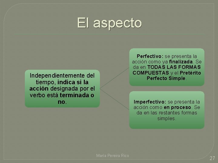 El aspecto Perfectivo: se presenta la acción como ya finalizada. Se da en TODAS