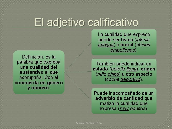 El adjetivo calificativo La cualidad que expresa puede ser física (iglesia antigua) o moral