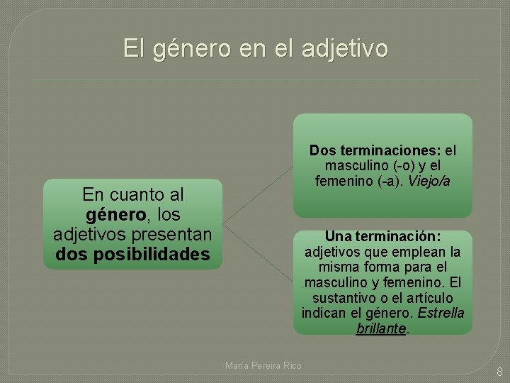 El género en el adjetivo En cuanto al género, los adjetivos presentan dos posibilidades El género en el adjetivo En cuanto al género, los adjetivos presentan dos posibilidades