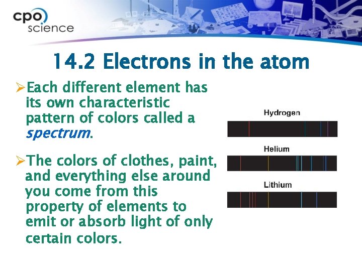 14. 2 Electrons in the atom ØEach different element has its own characteristic pattern