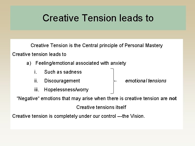 Creative Tension leads to Creative Tension is the Central principle of Personal Mastery Creative